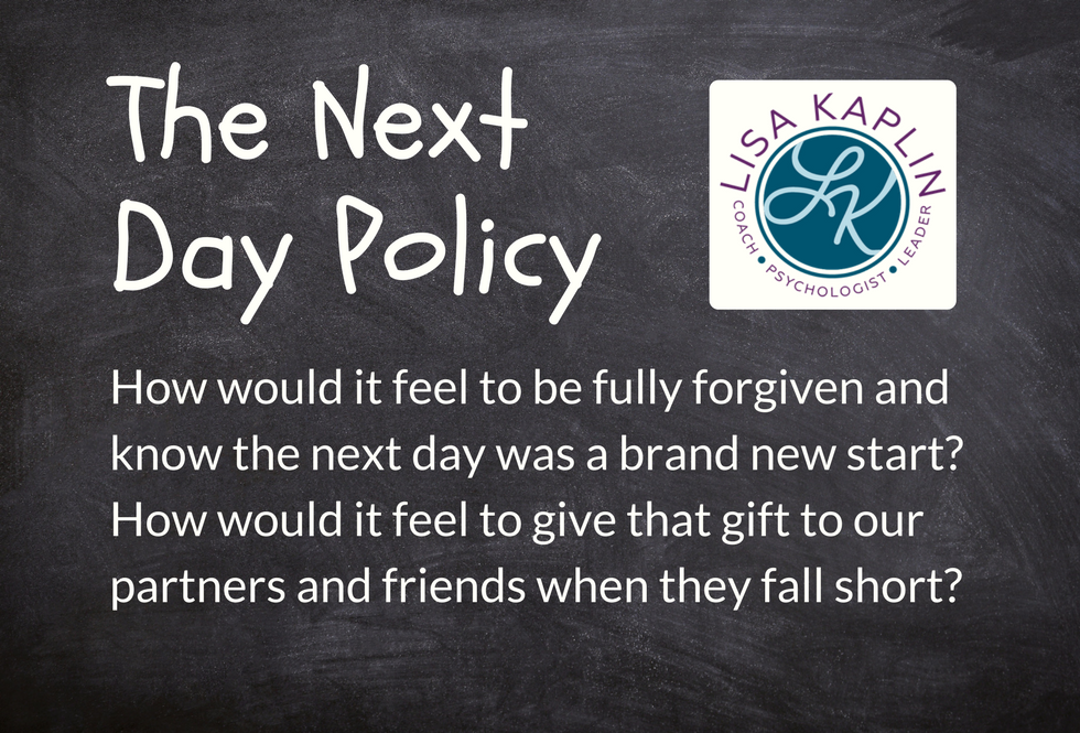photo of a chalkboard with the text “the next day policy written on it along with a quote from the article and the Lisa Kaplin logo.