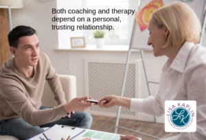 A color photo of a white man and woman sitting opposite each other with a coffee table in between them. The man is a=handing a small object to the woman. Overlayed on the photo is the text “Coaching is future-focused and emphasizes awareness, action, and accountability.” The Lisa Kaplin logo is in the bottom right corner of the image.