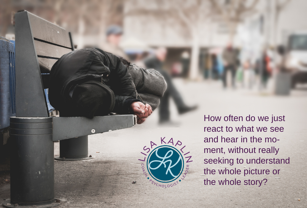 A color photo of a person in a heavy winter coat sleeping outside on a bench. The text on the right reads “How often do we just react to what we see and hear in the moment, without really seeking to understand the whole picture or the whole story?” The Lisa Kaplin logo is just to the left of the text.