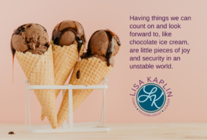 A color photo three chocolate ice cream cones standing up in a white wire basket against a pale pink background. The text to the right reads “Having things we can count on and look forward to, like chocolate ice cream, are little pieces of joy and security in an unstable world.: The Lisa Kaplin logo is beneath the text.